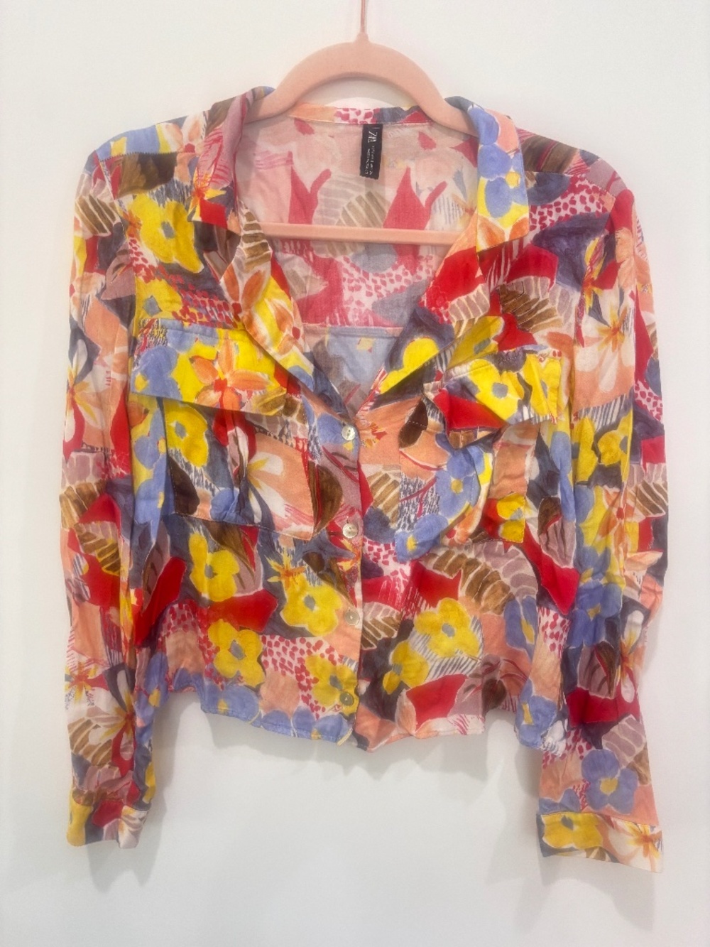 Zara Floral Print Blouse Small Colorful Painterly Button Down Pocket Shirt